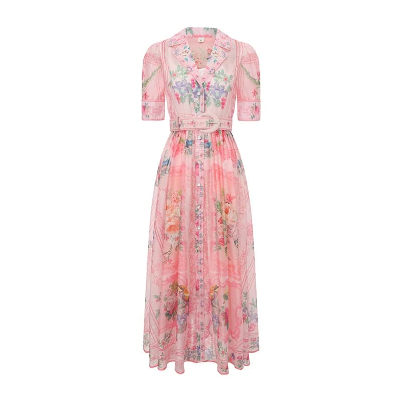 Elegant Flower Printed A-Line Dress Draped Collar Luxury Buttons Waist Cinched Summer Boho Long Robe for Women