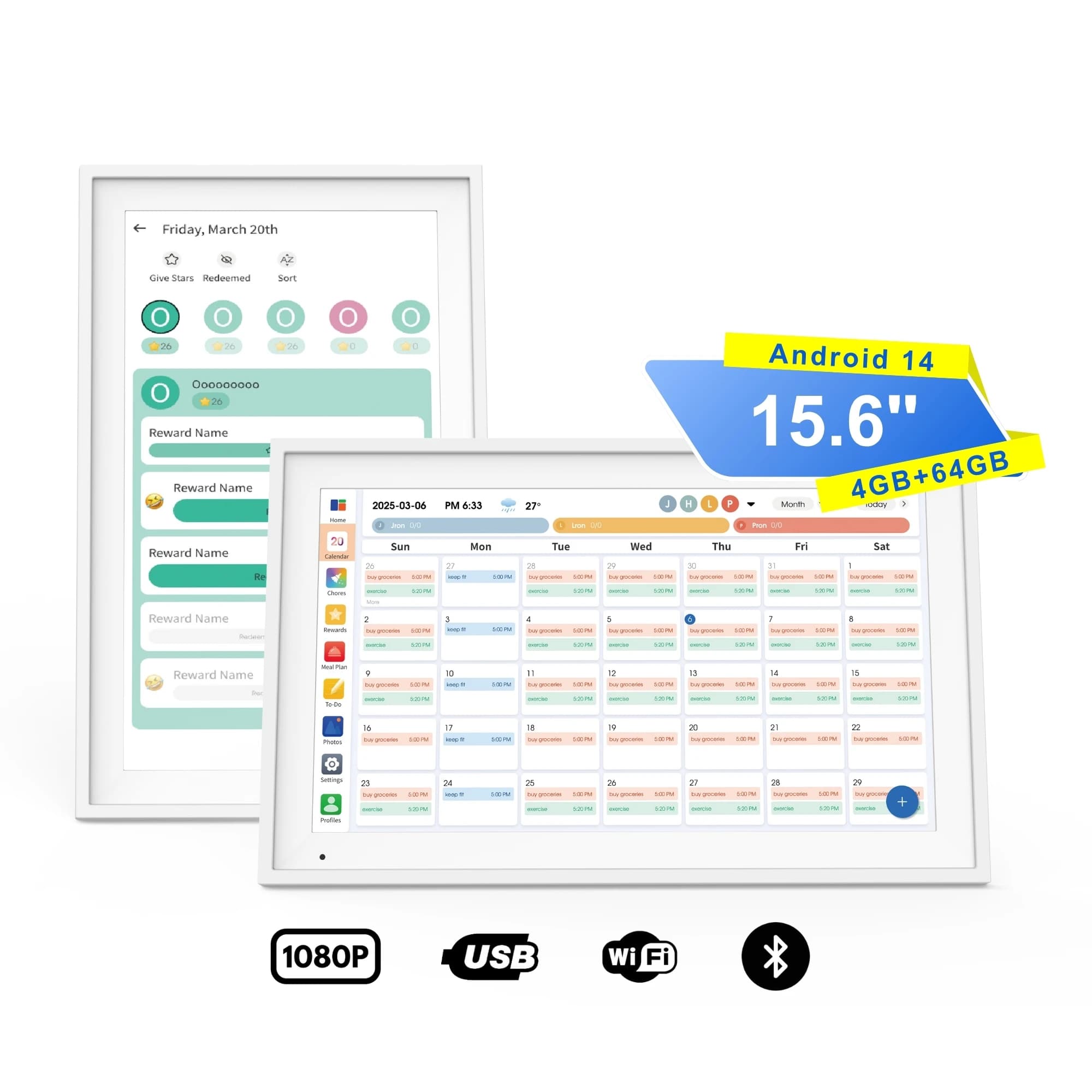 Desktop da 15,6 pollici Famiglia digitale Android 14 Calendario Smart Touch Screen 4 + 64 GB Cornice per foto digitale bianca Funzione orologio Wifi