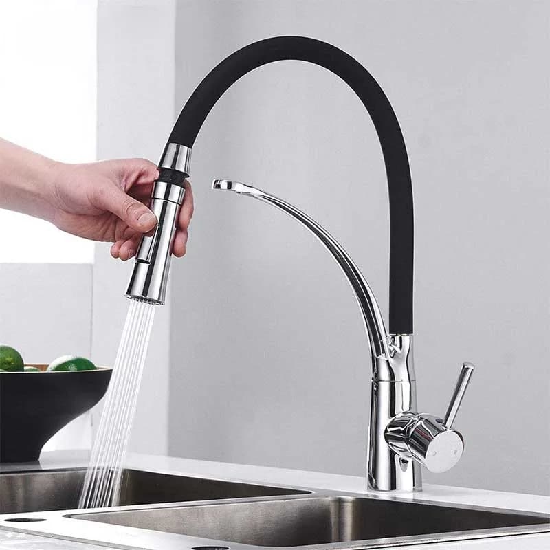 Rubinetto da Cucina in Gomma Cromata con Miscelatore Girevole, Doccetta Estraibile, Rubinetto per Acqua Calda e Fredda con Maniglia Singola