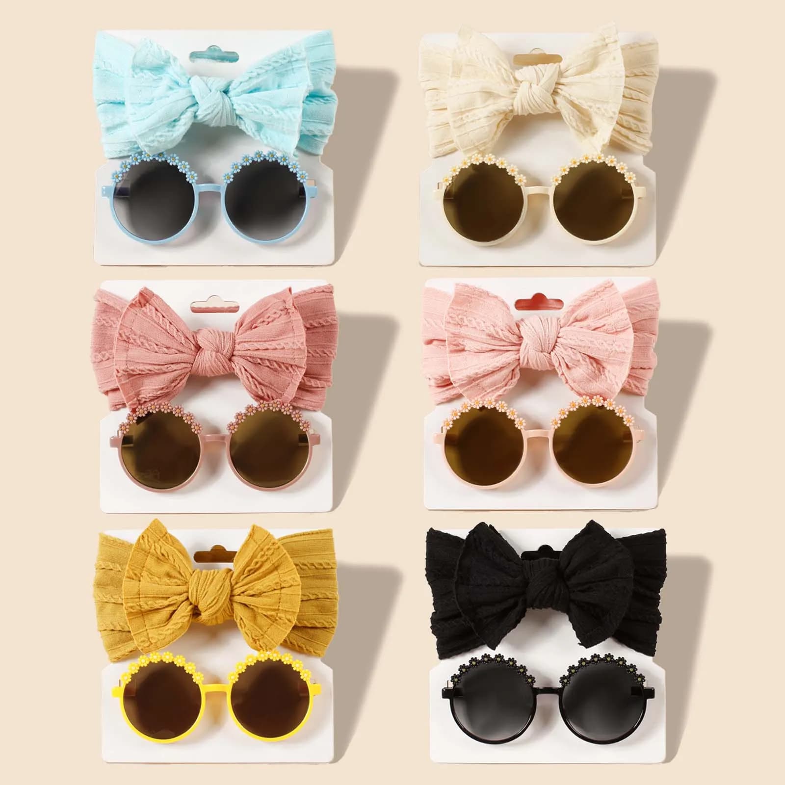 2pcs Kids Beach Round Frame occhiali da sole bambini accessori per capelli all'aperto ragazze Jacquard Bow fascia Fashion glasses Set