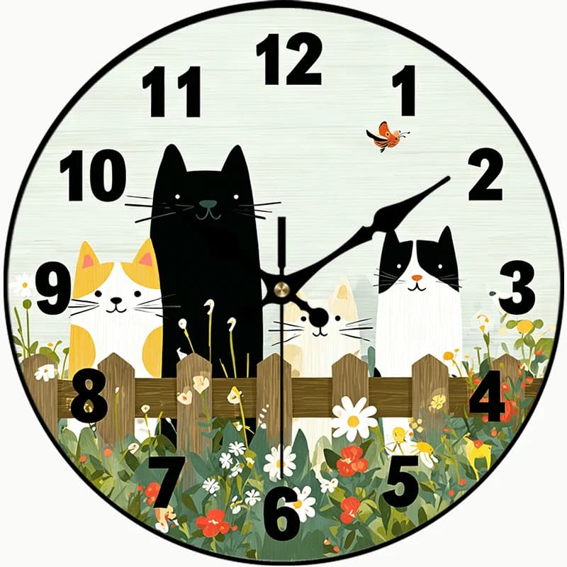2D Piatto. Orologio da parete: Orologio da parete rotondo silenzioso con gatto in stile rustico, decorazione perfetta per camera da letto, soggiorno, ufficio, cucina.