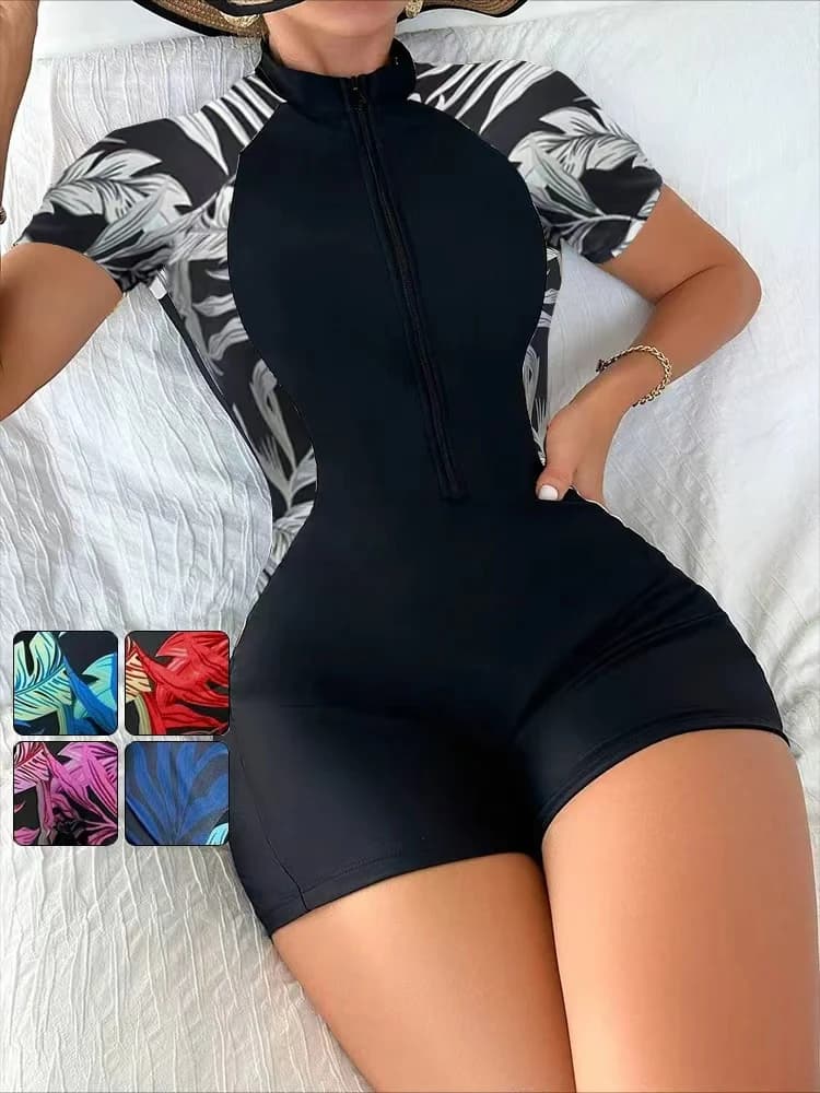 Costume da bagno intero floreale Costume da bagno Donna Manica corta Costume da bagno Zip frontale Pianta tropicale Surf Protezione solare (Senza reggiseno incorporato