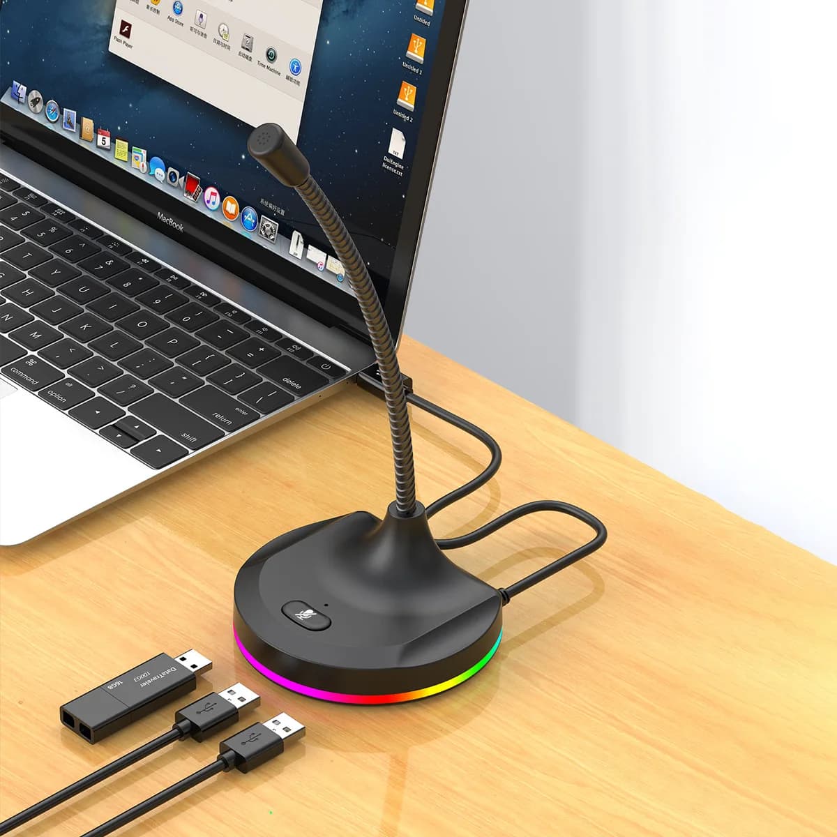 Microfono USB con Luce RGB Colorata + Hub USB, Microfono USB da Scrivania per Ufficio
