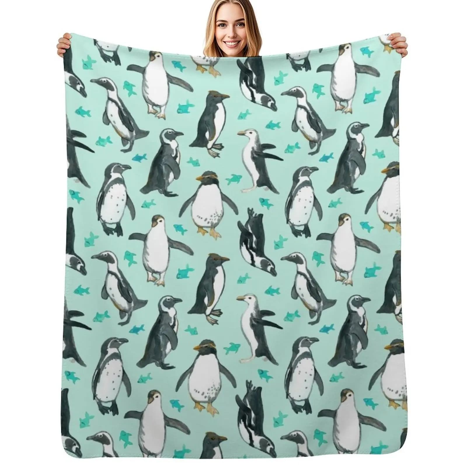 Lots of Little Penguins on mint Throw Blanket Soft Beds for babies Sleeping Bag funny gift Luxury Designer bed plaid Blankets