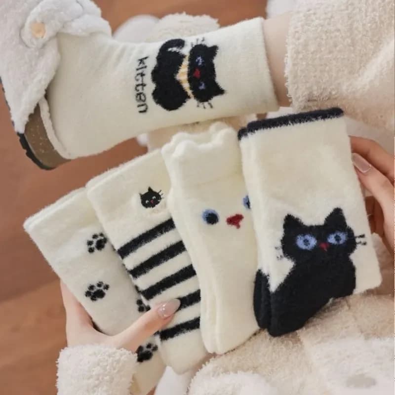 2026 New Winter Embroidered Cat Long Socks Cute Velvet Thickened Warm Women's Socks Winter Sleep Socks