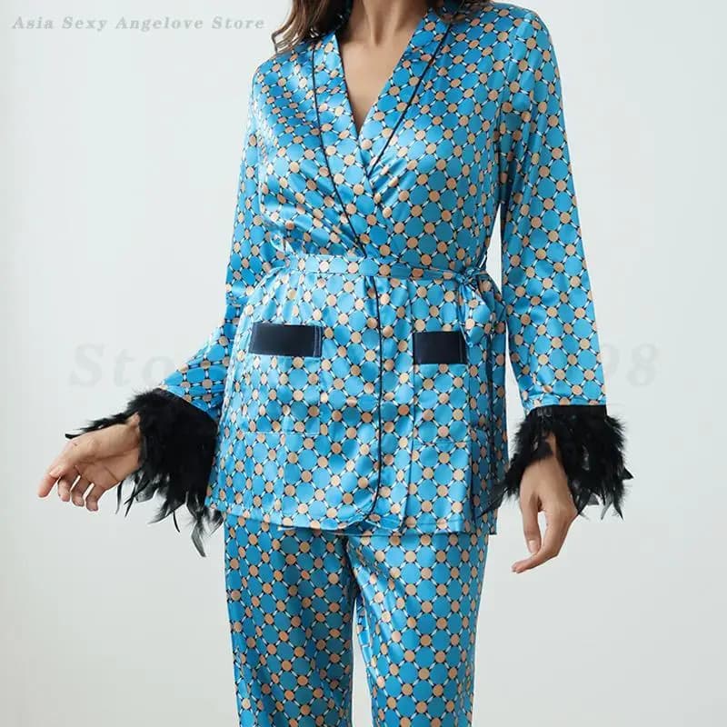 Pigiama femminile a maniche lunghe Set da due pezzi Indumenti da notte Cardigan e pantaloni autunnali Homewear Pigiama Completo da pigiama stampato in raso setoso