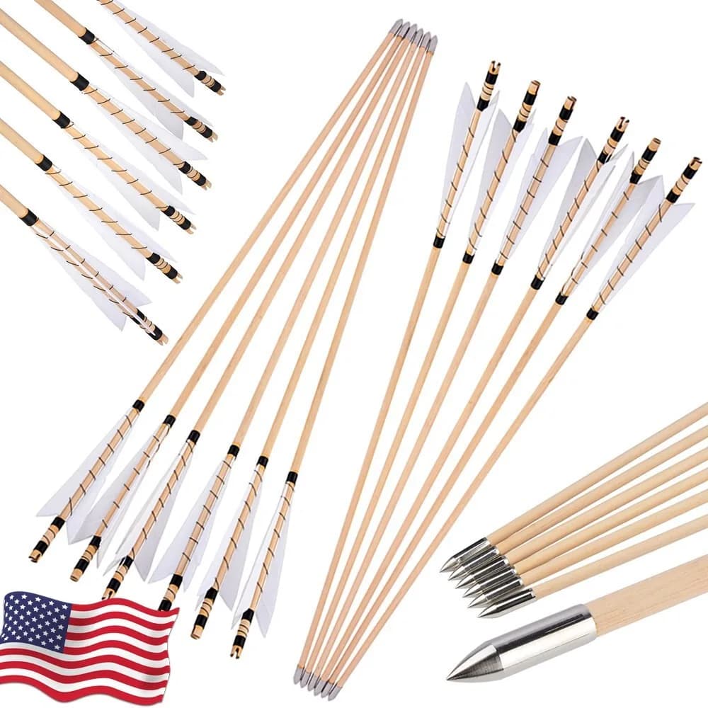 Traditional Wooden Arrows 12Pcs, 8mm Wood Shaft with 5" Turkey Feathers, Durable Arrows for Hunting, Shooting, Target Practice & Outdoor Use
