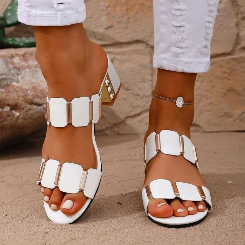 Sandali da Donna alla Moda con Tacco Spesso in Metallo e Paillettes