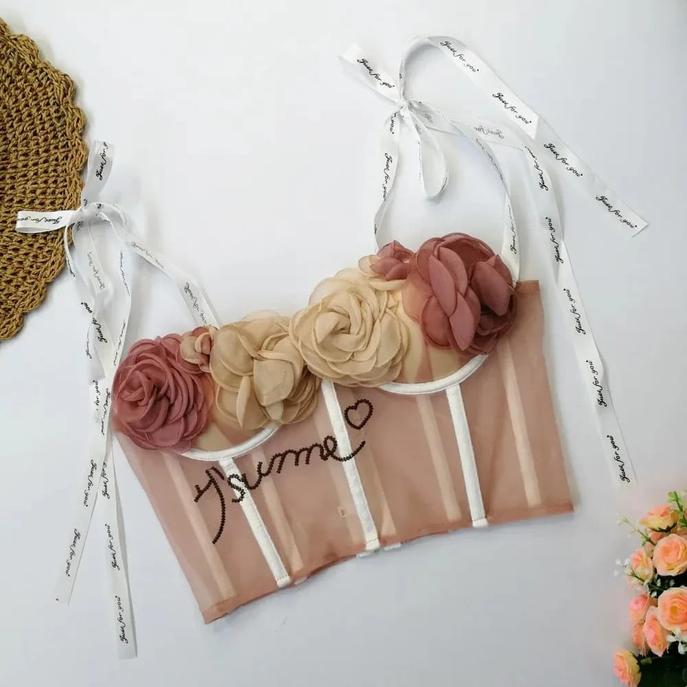 Sweet sheer Bandage floral Chic off spalla Camis Slim canotte coreane Top elegante Basic Crop Top summer Women Bustier