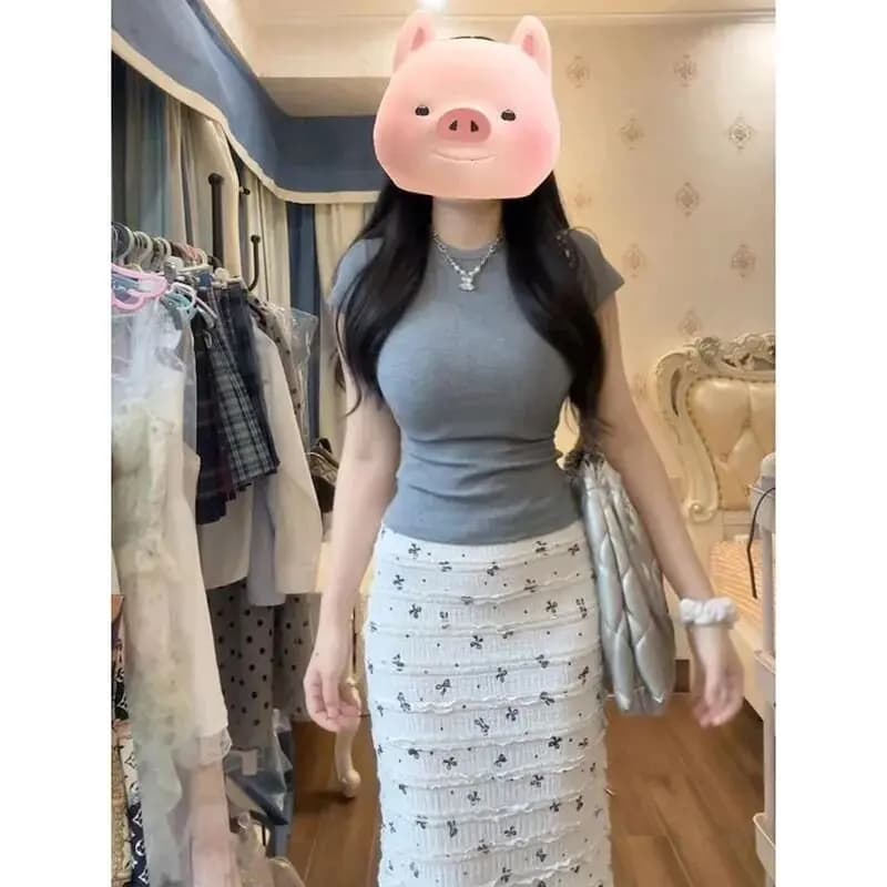 Summer Korean Style Women's Fashion T-Shirt Floral Half Skirt Two-Piece Set Slimming Short Sleeve Top Commute Style Ensemble