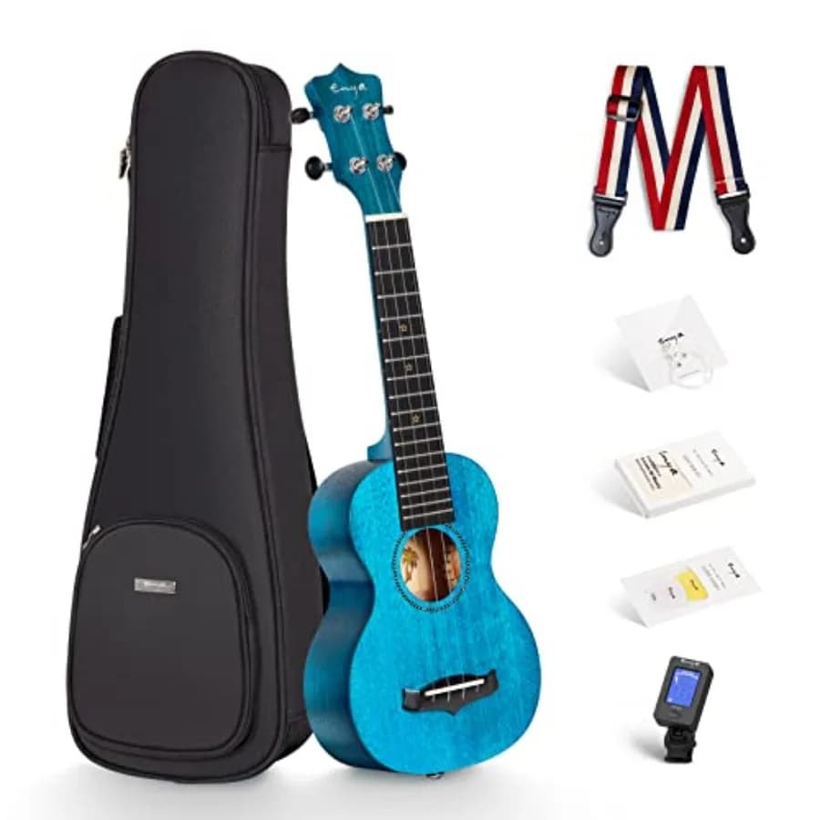 Soprano Ukulele EUS-25D 21 Inch Solid Mahogany Top for Beginners Gifting Blue, Professional Sound Quality, Includes Case, Strap