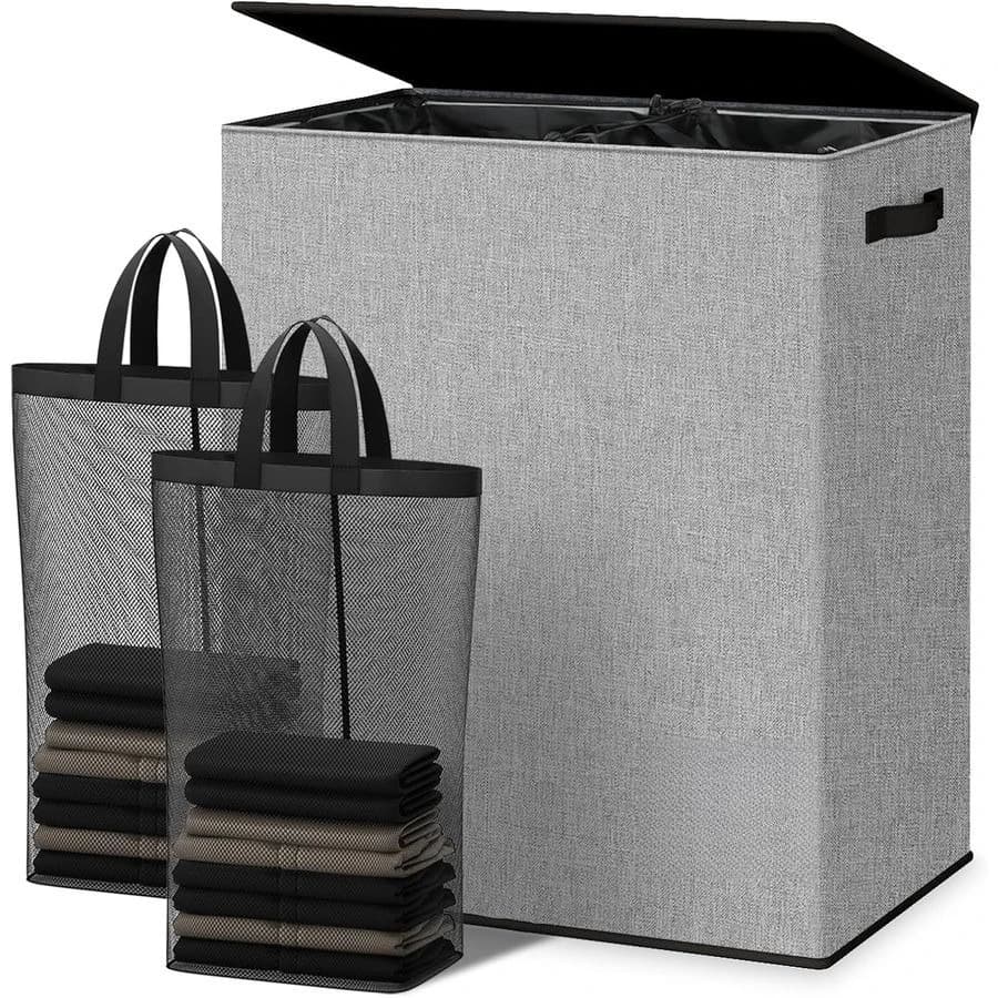 Double basket with lid and removable bag, large basket with 2 compartments with handles, folding basket for dirty linen