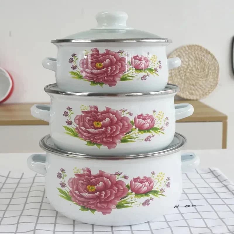 Pentola smaltata Smalto in polvere Rosa Pentola per zuppa smaltata in tre pezzi 1L2L3L Tipo addensato Padella 20 cm Pentola calda Stufato Padella