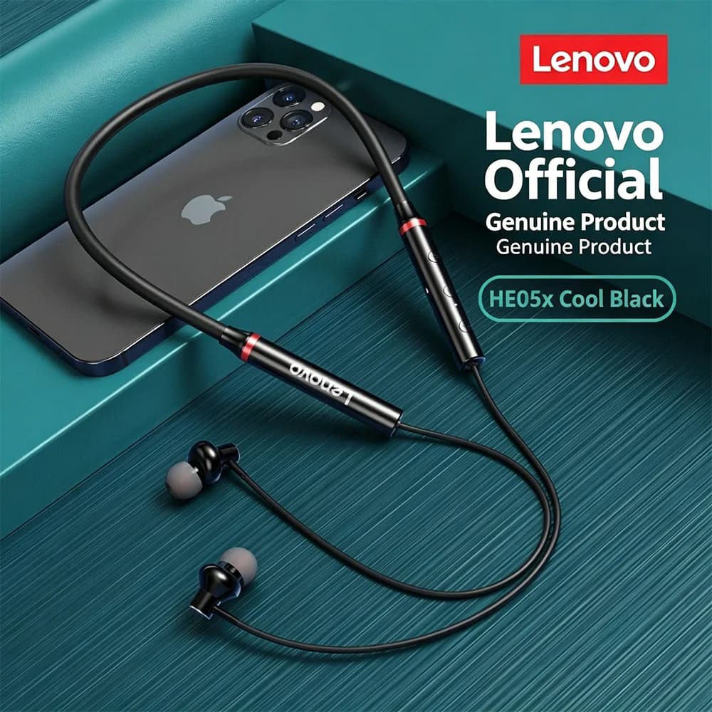 Cuffie Bluetooth Lenovo HE05X con Fascia da Collo, Bluetooth 5.0, Bassa Latenza, Audio Stereo 8D, Auricolari Sportivi e da Gaming, Impermeabili, Lunga Durata della Batteria