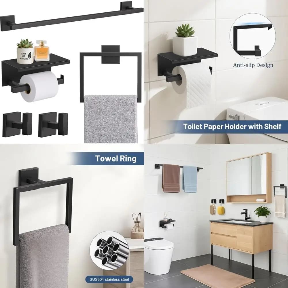 Set di Accessori da Bagno a Parete in Acciaio Inossidabile Nero da 23,6 Pollici con Portasciugamani, Portarotolo e Mensola