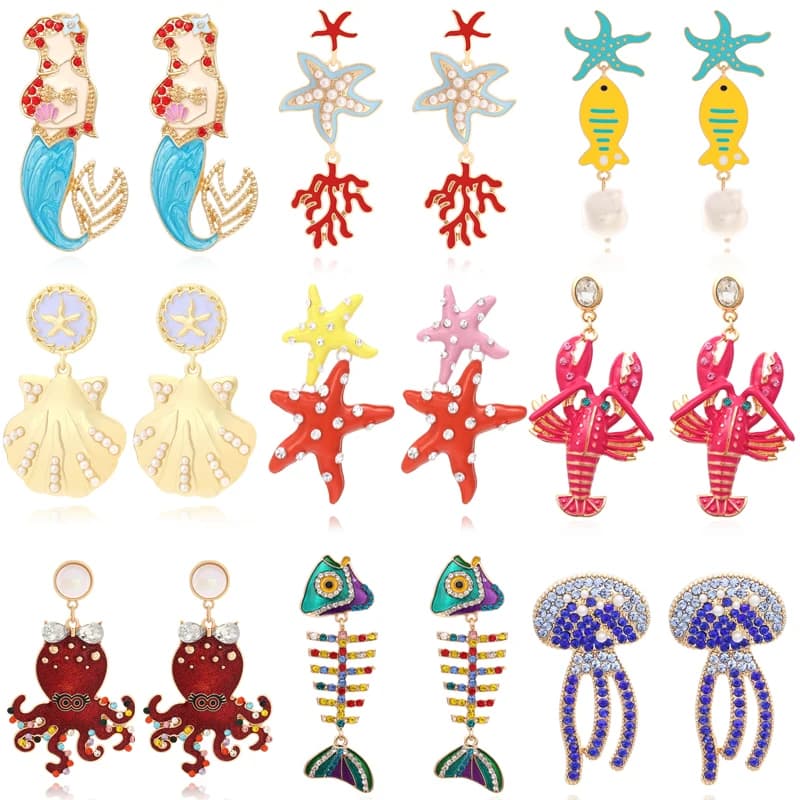 Accessori oceanici Orecchini a bottone per ragazze Stella marina Granchio Aragosta Sirena Orecchini pendenti Moda Delicati orecchini a bottone con pesci marini