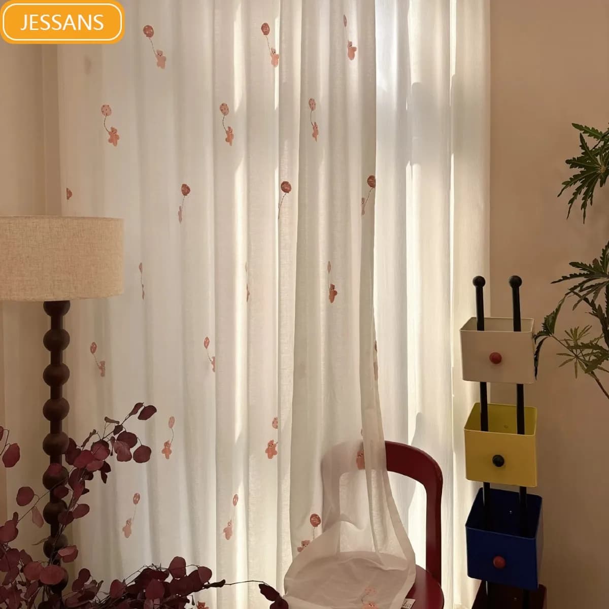Embroidered Teddy Bear Cartoon White Window Screen Curtains for Living Room Bedroom French Window Balcony Window Customized