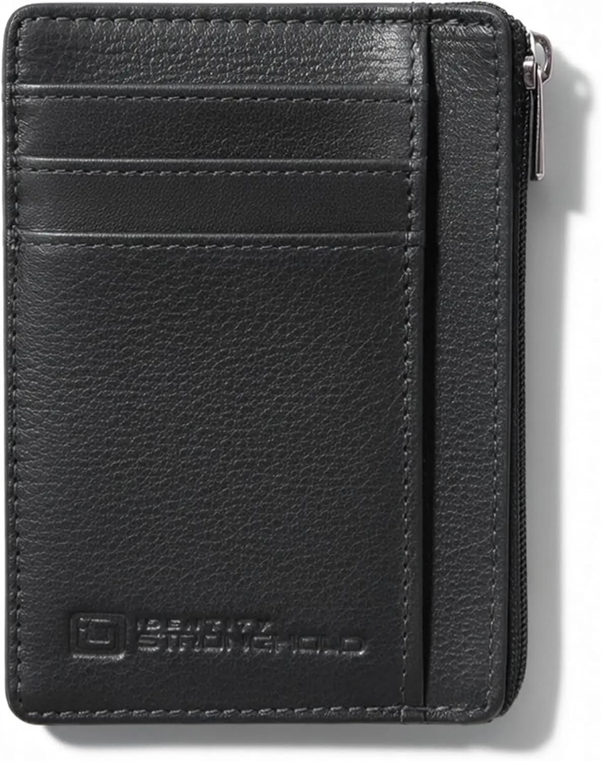 Portafoglio RFID con Tasca Frontale Sottile Minimalista in Vera Pelle con Cerniera Piccolo Nero Sicuro Compatto