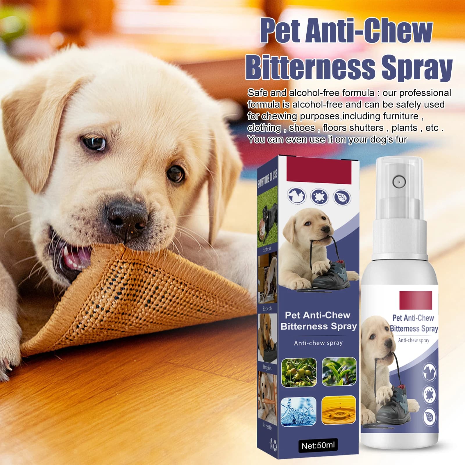 Natural Bitter Anti Chew Spray for Dogs Cats Puppies Stop Furniture Chew Discourage Gnawing Pet Behavior Correction Liquid 50ml