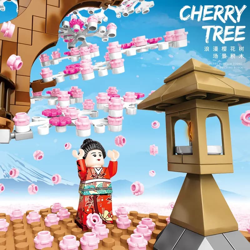 SEMBO BLOCK Japanese Street View Half Mountain Sakura Scene with LED Light Building Blocks Educational Toy for Girls Gift