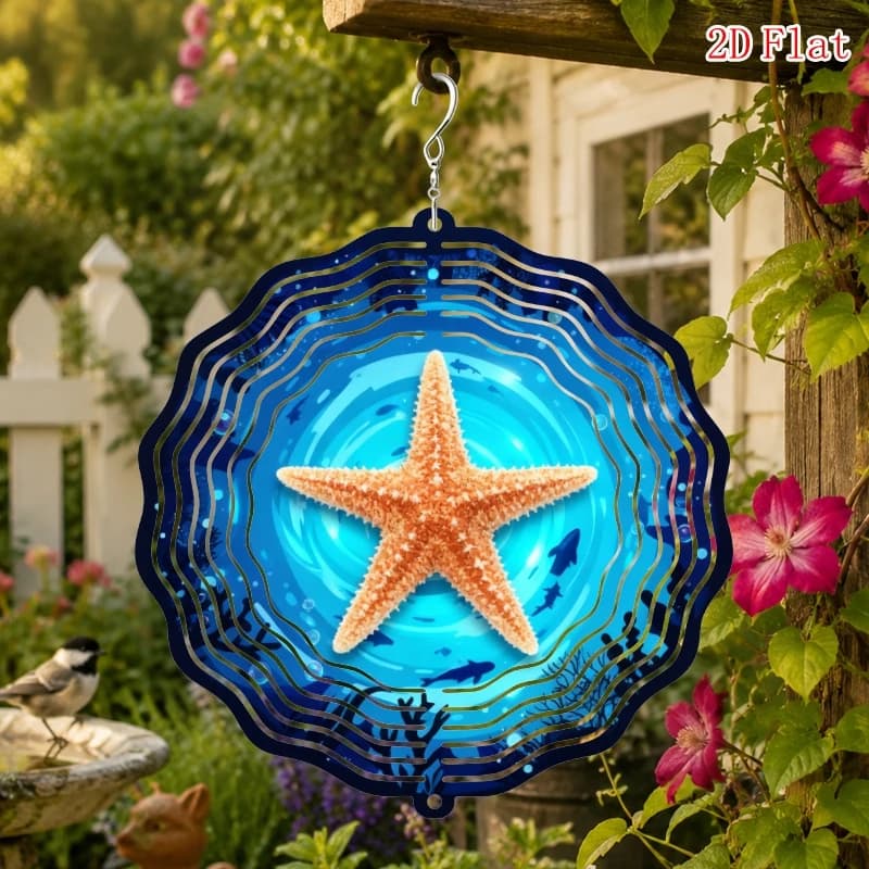 2D Flat Hook Windmill Decoration, Starfish Pattern Metal 3D Rotating Wind Chime Infinite , Outdoor Garden And Patio Decoration