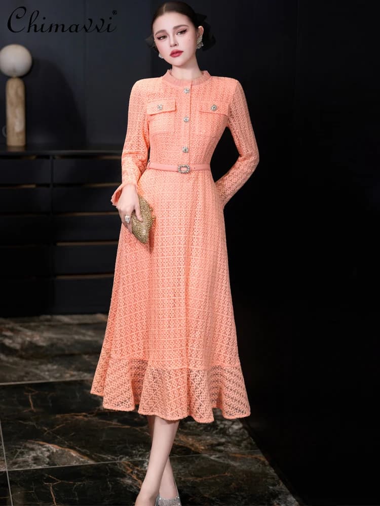 Abiti da sera alla moda francesi eleganti girocollo manica lunga in pizzo con paillettes cintura a vita alta abito lungo a coda di pesce slim fit per le donne