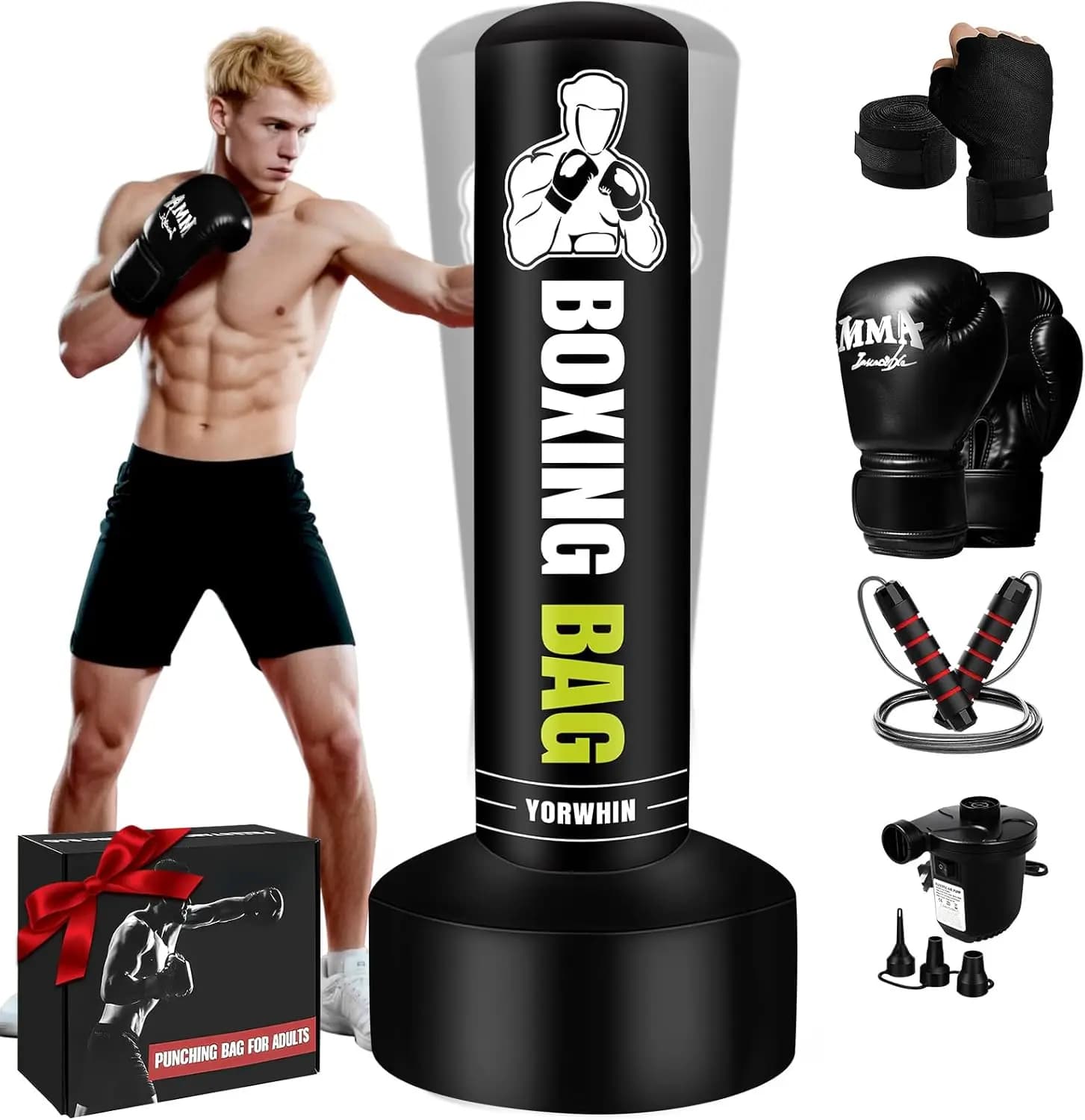 Sacco da Boxe Autoportante da 70'' per Adulti, Supporto Pesante per Pugilato con Guanti, Pompa, Corda per Saltare, Allenamento MMA, Palestra Domestica