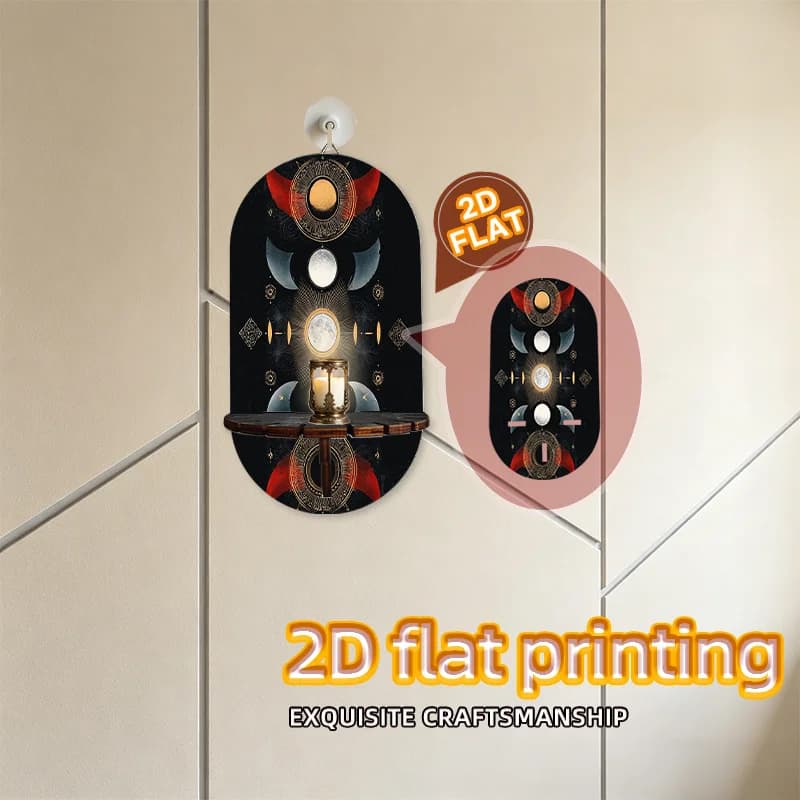 Espositore Decorativo in Legno con Tema Fasi Lunari e Stelle, Portacandele Stampato in 2D, Decorazione da Parete, Espositore per Cristalli, Regalo per Arredamento Casa