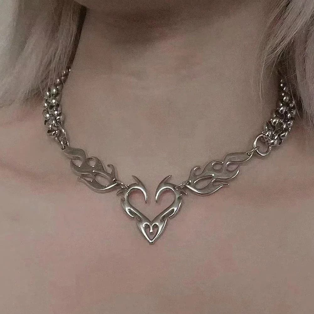 Y2K Punk Silver Hollow Flame Heart Pendant Women's Hip Hop Party Jewelry Gift