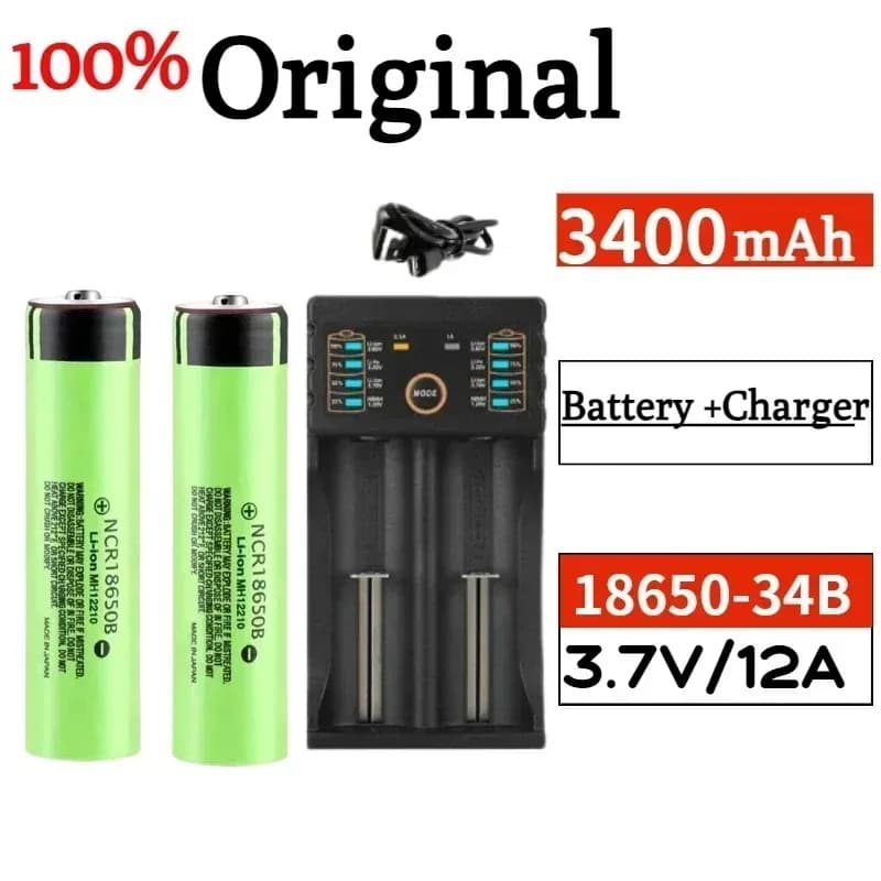 NCR18650B 3400mAh battery brand new original 3.7V 12A discharge rechargeable lithium battery flashlight pointed battery+charger