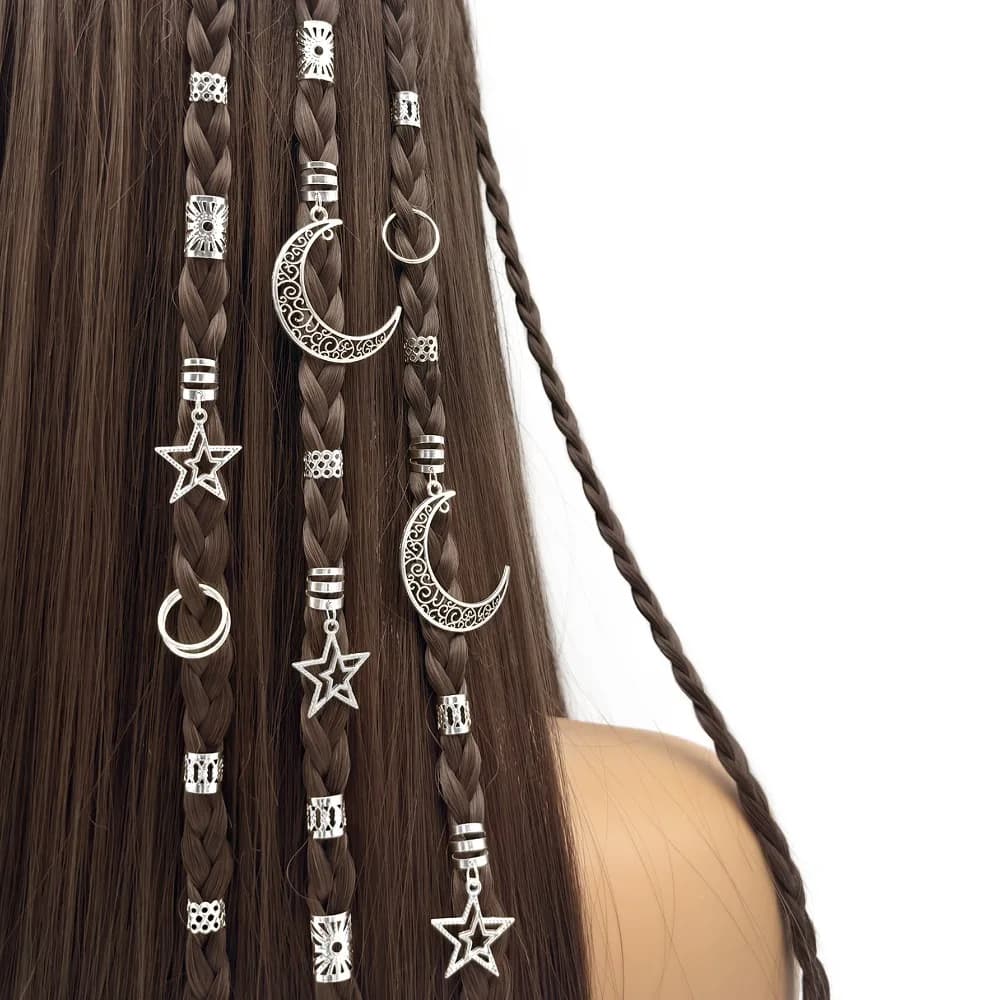 Set da 45 Pezzi: Anelli per Dreadlock a Combinazione Stella e Luna, Regolabili, Gioielli Vintage per Intrecciare, Fermagli per Dreadlock in Metallo Intagliato