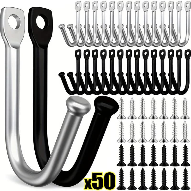 50/5Set J-shaped Metal Wall Hooks with Screw Coffee Cup Keys Towel Hanging Hangers Coat Rack Bag Holder Kitchen Bathroom Storage
