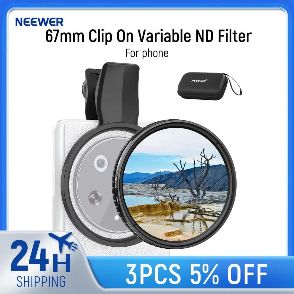 NEEWER 67mm Clip On Variable ND Filter for Phone, ND2-32 1-5 Stops Neutral Density Photography Lens Accessories Kit for Android