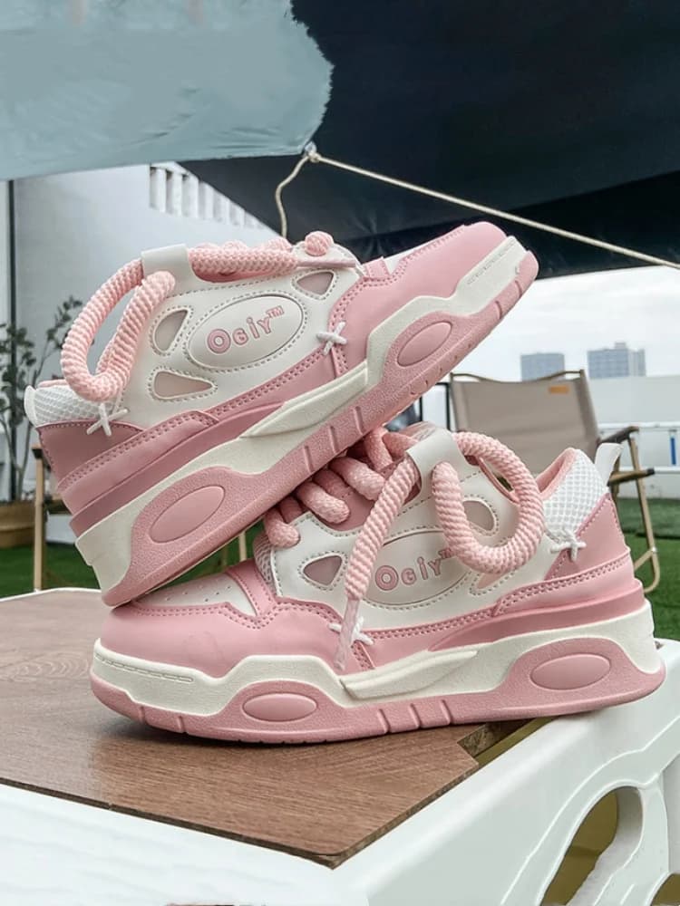 Sneakers Casual da Donna Rosa e Bianche, Scarpe con Suola Spessa e Comfort, Scarpe Sportive Antiscivolo alla Moda con Lacci per Camminata Quotidiana