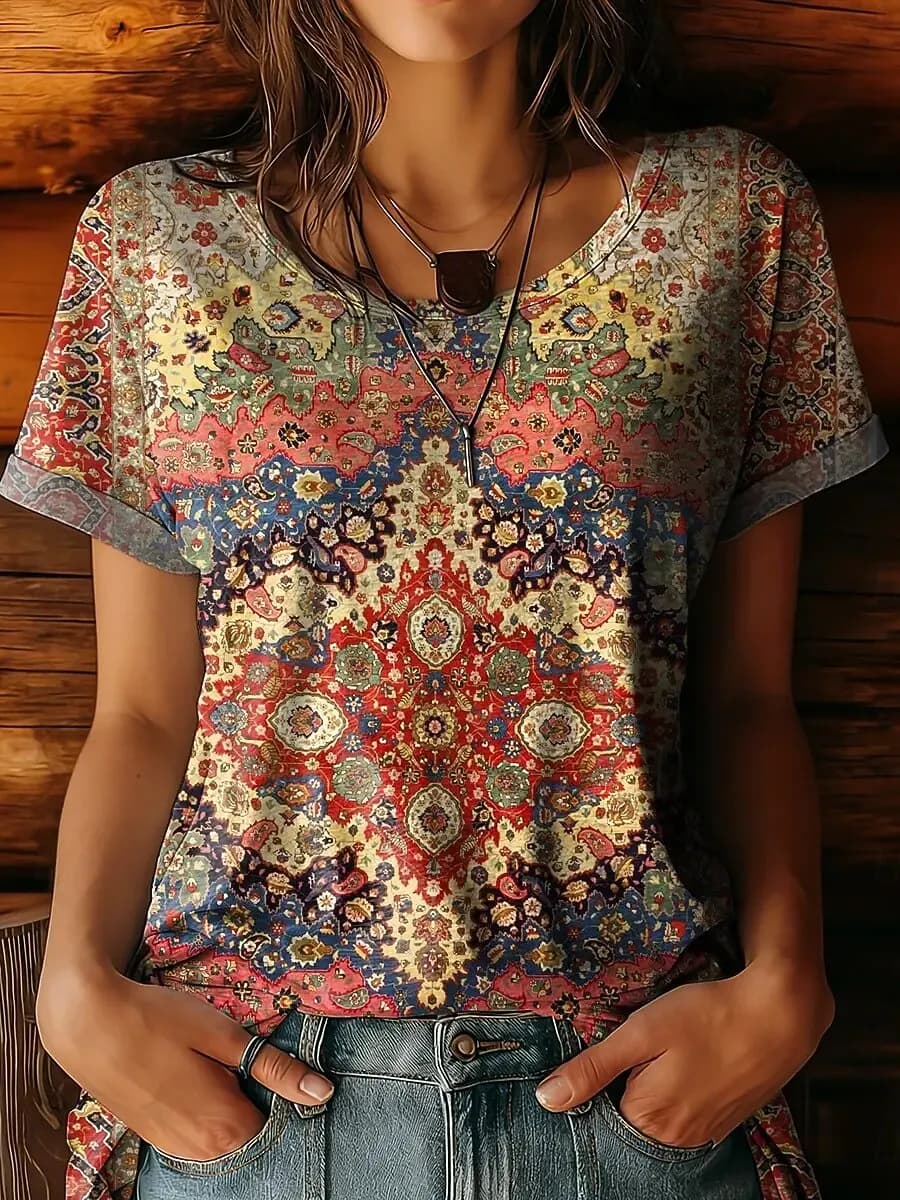 Women's Vintage Tribal Graphic Short Sleeve T-Shirt, Casual Multi Neck Tops, Red Green Daily Wear for Spring & Summer