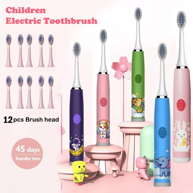 Children's Sonic Electric Toothbrush Colorful Children's Cartoon Soft Fur Rechargeable Waterproof Automatic With 12 spare heads