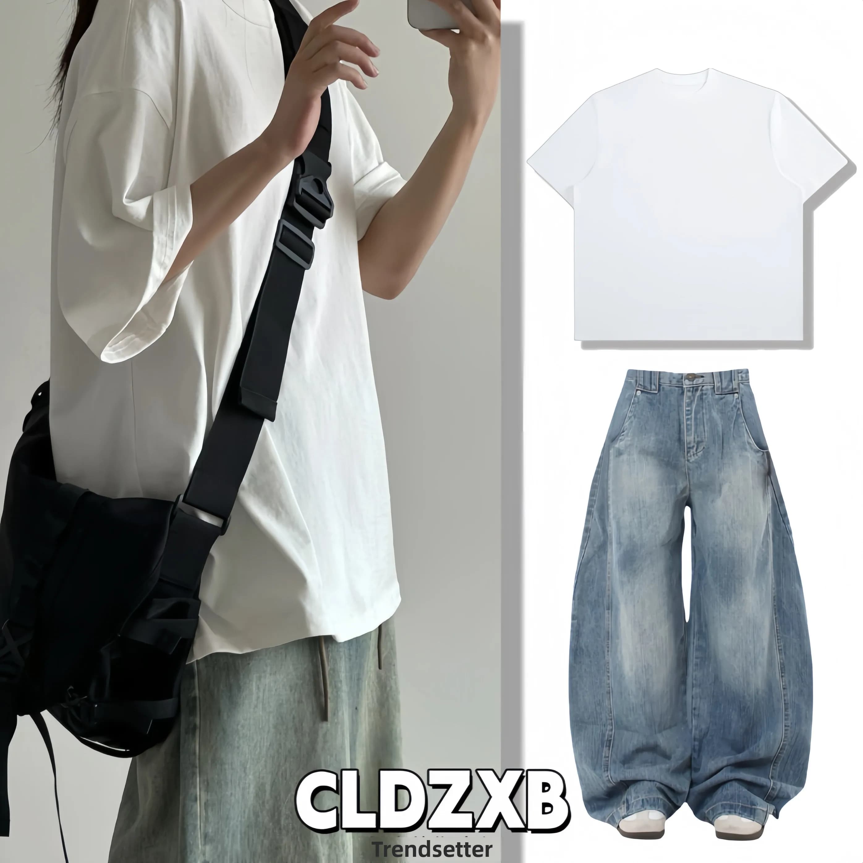Vintage Set American Retro in Solid Color, T-Shirt in Cotton Court and Jeans Wide for Men and Women, Casual Summer