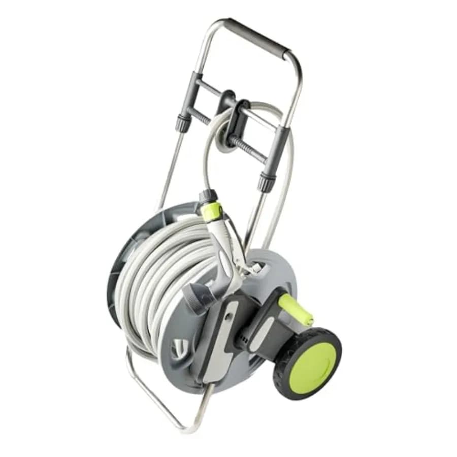 Portable trolley with metal garden hose with KinkFree water hose from 100 feet 5 8 inches and adjustable nozzle for outdoor use features