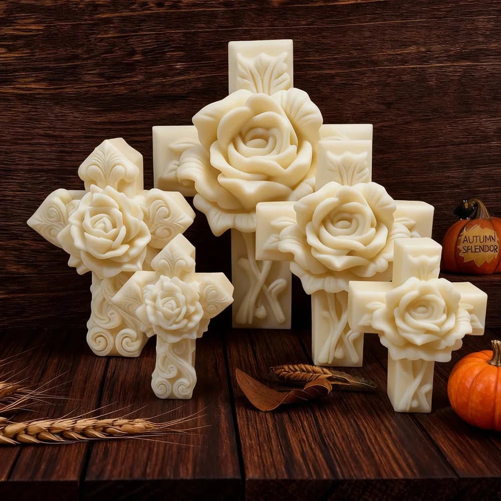 Stampo in Silicone per Candele a Forma di Croce con Rose, Stampo per Aromaterapia con Cera di Soia Fatta a Mano, Stampo per Ornamenti Decorativi per la Casa