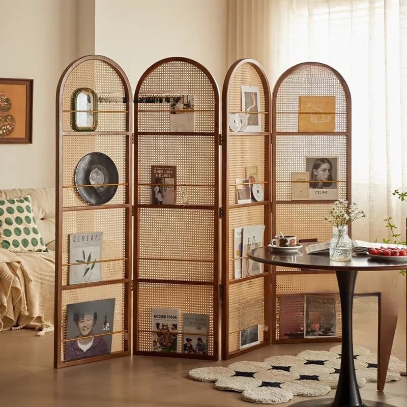 Paravento Pieghevole in Rattan, Divisorio per Soggiorno, in Legno Massello, Pieghevole e Mobile, per Piccoli Appartamenti, Casa, B&B, Riviste, Libri