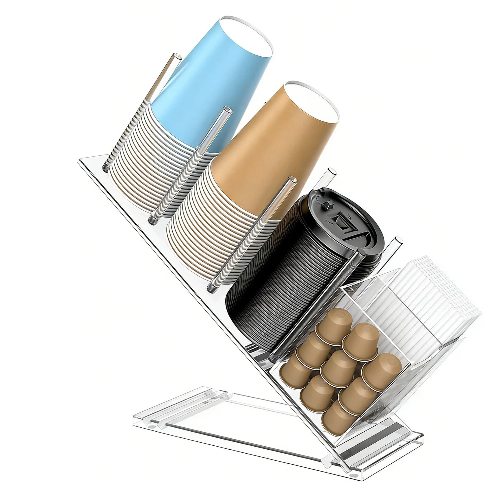 Acrylic Coffee Cup Holder Adjustable Disposable Cup Organizer for Coffee Bar Office Counter with Straw Pod Storage coffee pod and straw storage organizer