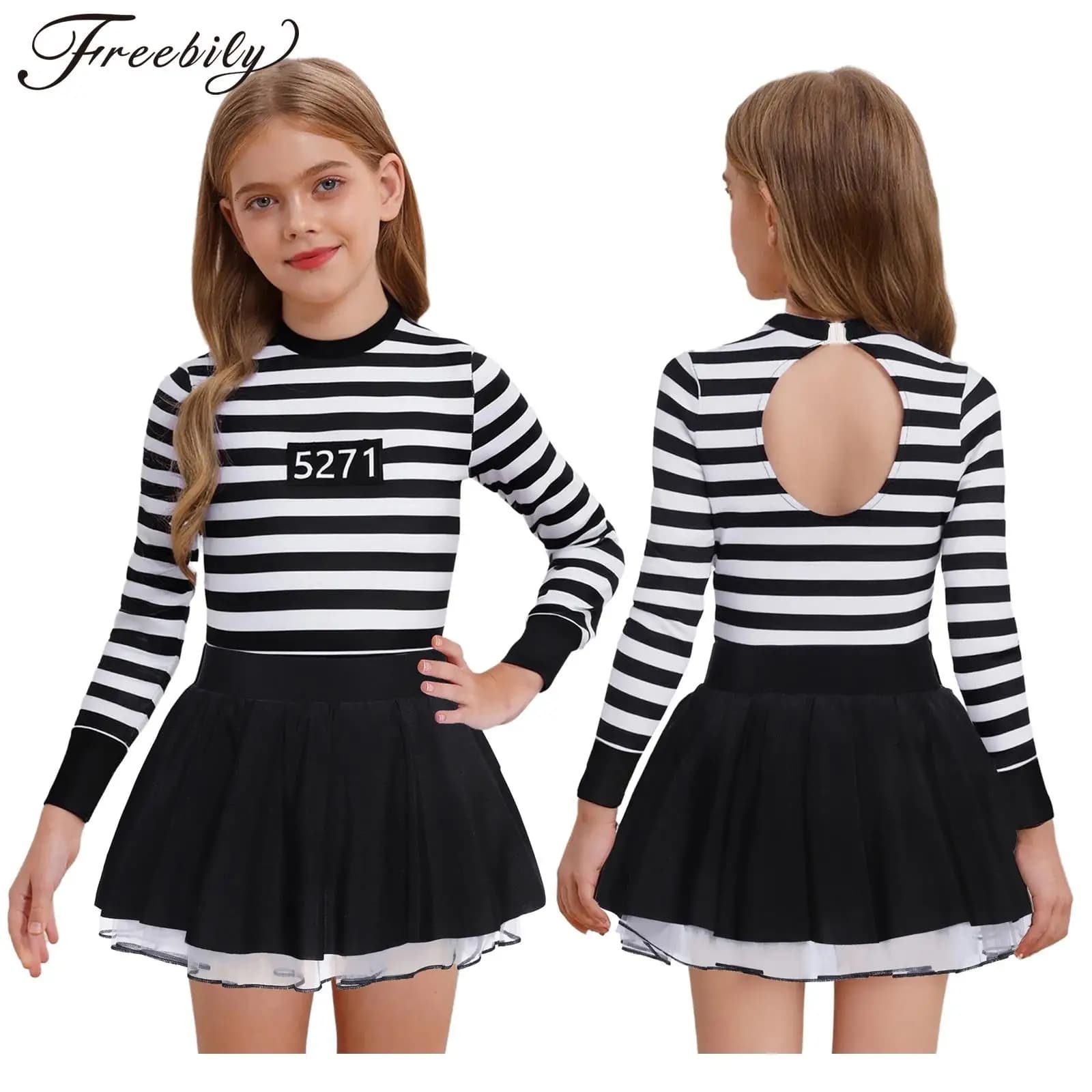 Ragazze Halloween Prigioniero Costume Cosplay Manica lunga Tutu a righe Body Abito Prigione Jailbird Convict Criminale Uniforme