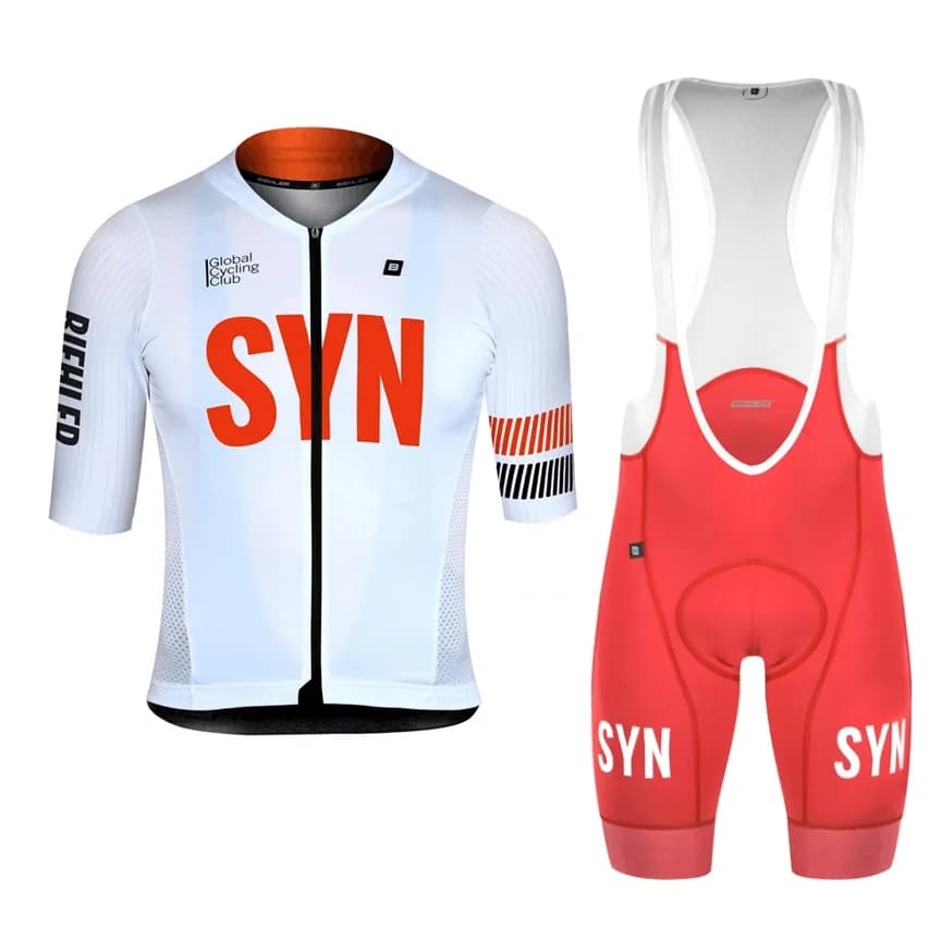 Syn Summer white cycling set breathable and comfortable, short sleeve shirt and shorts with straps, MTB clothing with red logo