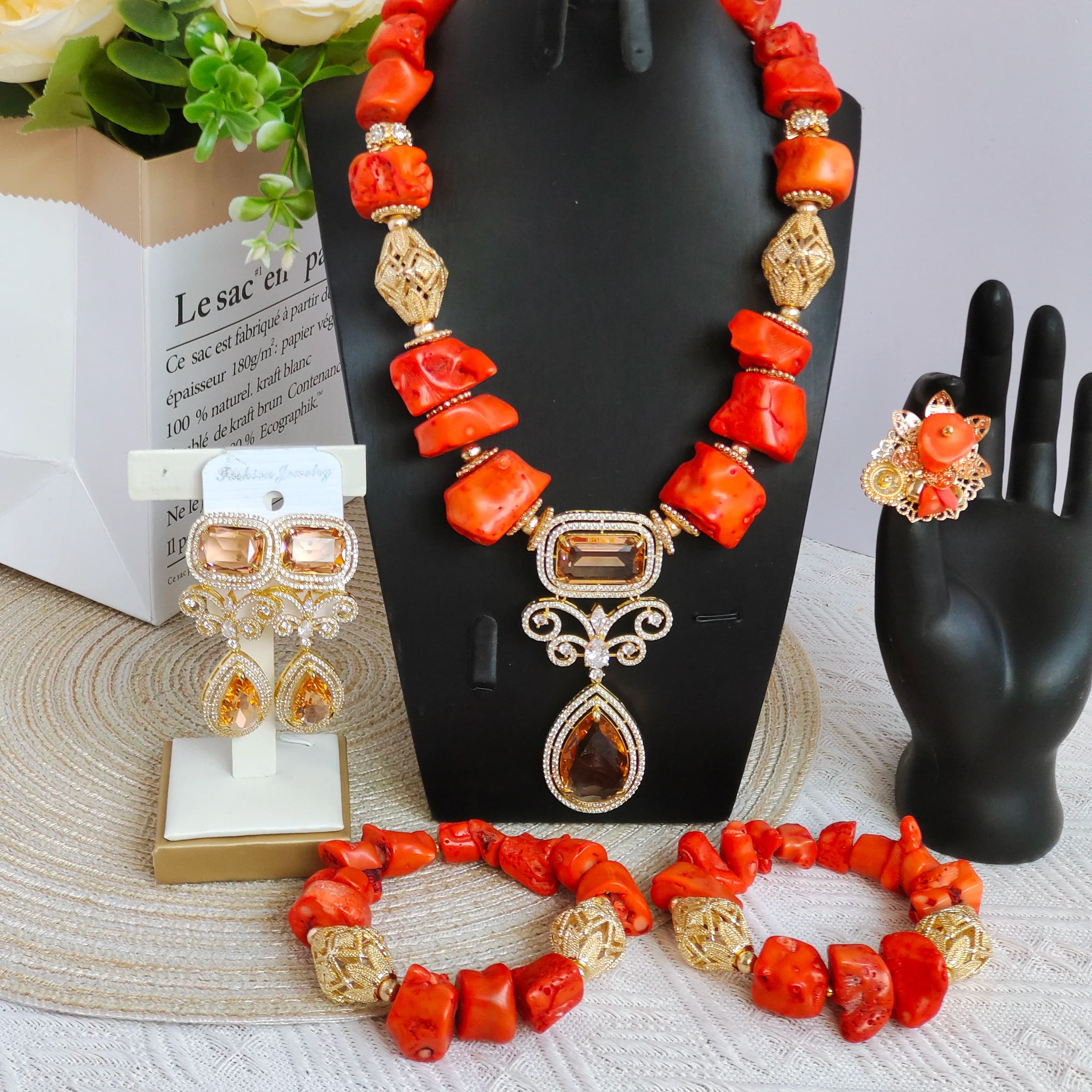 set di gioielli da donna con perline di corallo per matrimonio africano