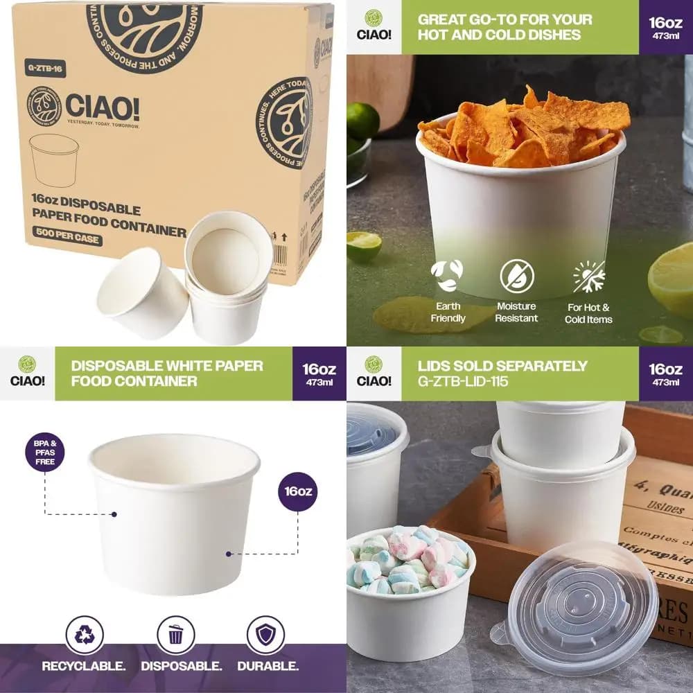 Contenitori per alimenti in carta bianca da 16 once, larghezza 115 mm, coperchi non inclusi, confezione da 500