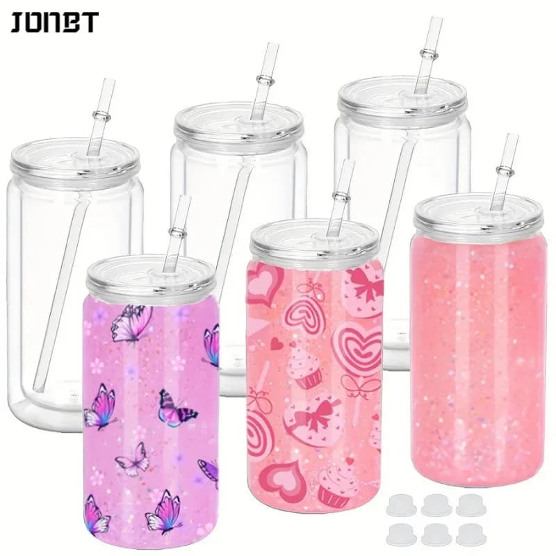 6 pieces 16 ounces plastic insulated double wall water bottles with strands cover cup of snowballs diy with hole pre-forated reusable glasses