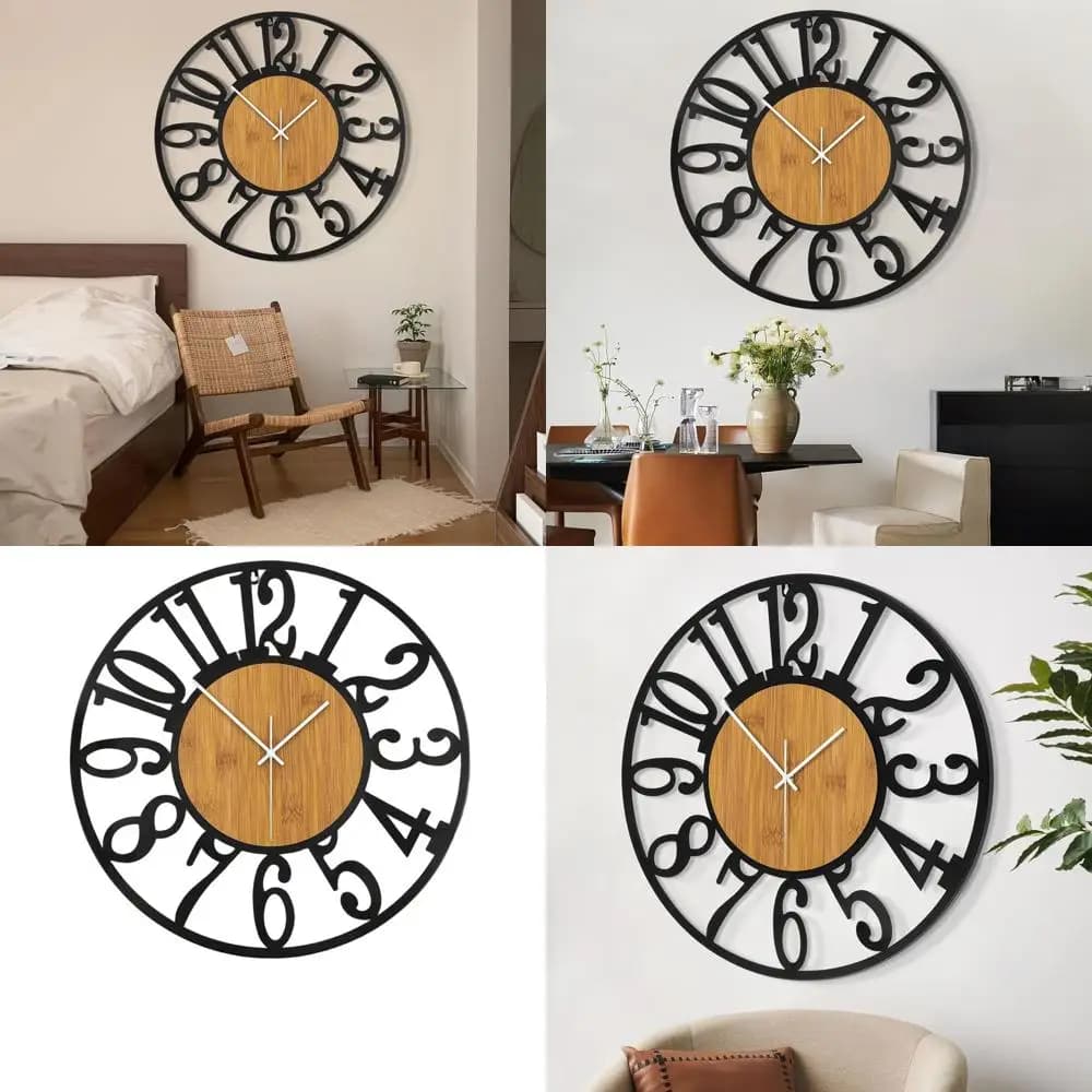 Great Wall Clocks, Silent, No Ticking, Battery, Modern Rustic Round Wall Clock in Wood for Living Room, Bedroom, Kitchen, F