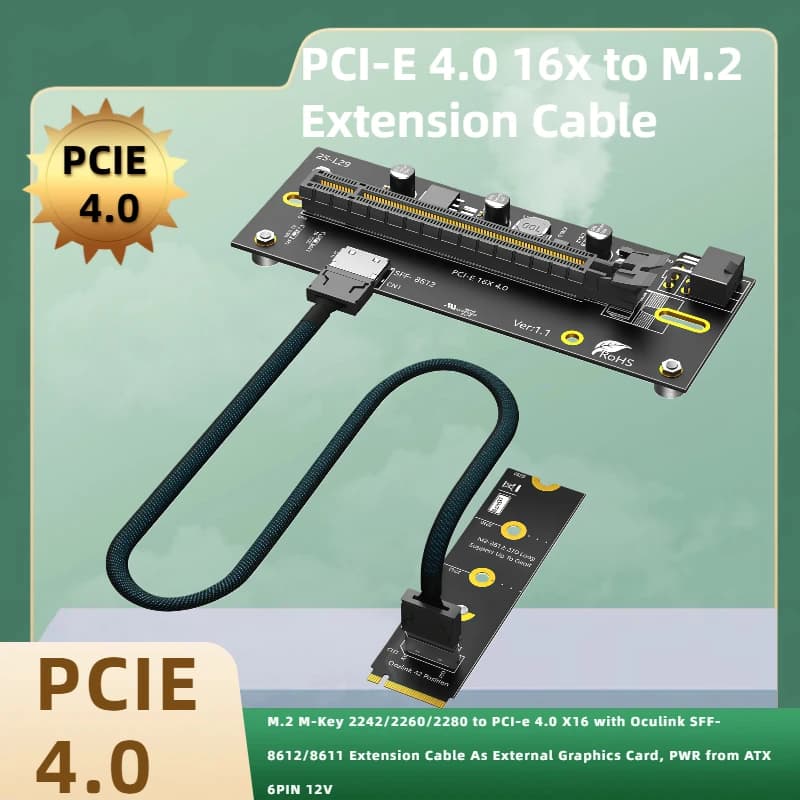 Adattatore GPU esterno M.2 M-Key a PCIe 4.0 X16, supporto SSD 2242/2260/2280, con cavo di prolunga Oculink SFF-8612/8611, ATX 6PIN