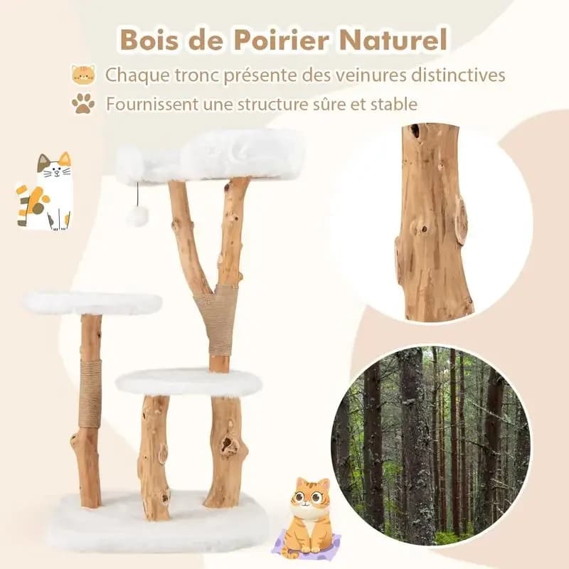 Albero per Gatti in Legno Massello da 44 Pollici con Posto per il Riposo e Tiragraffi in Juta Naturale - Bianco