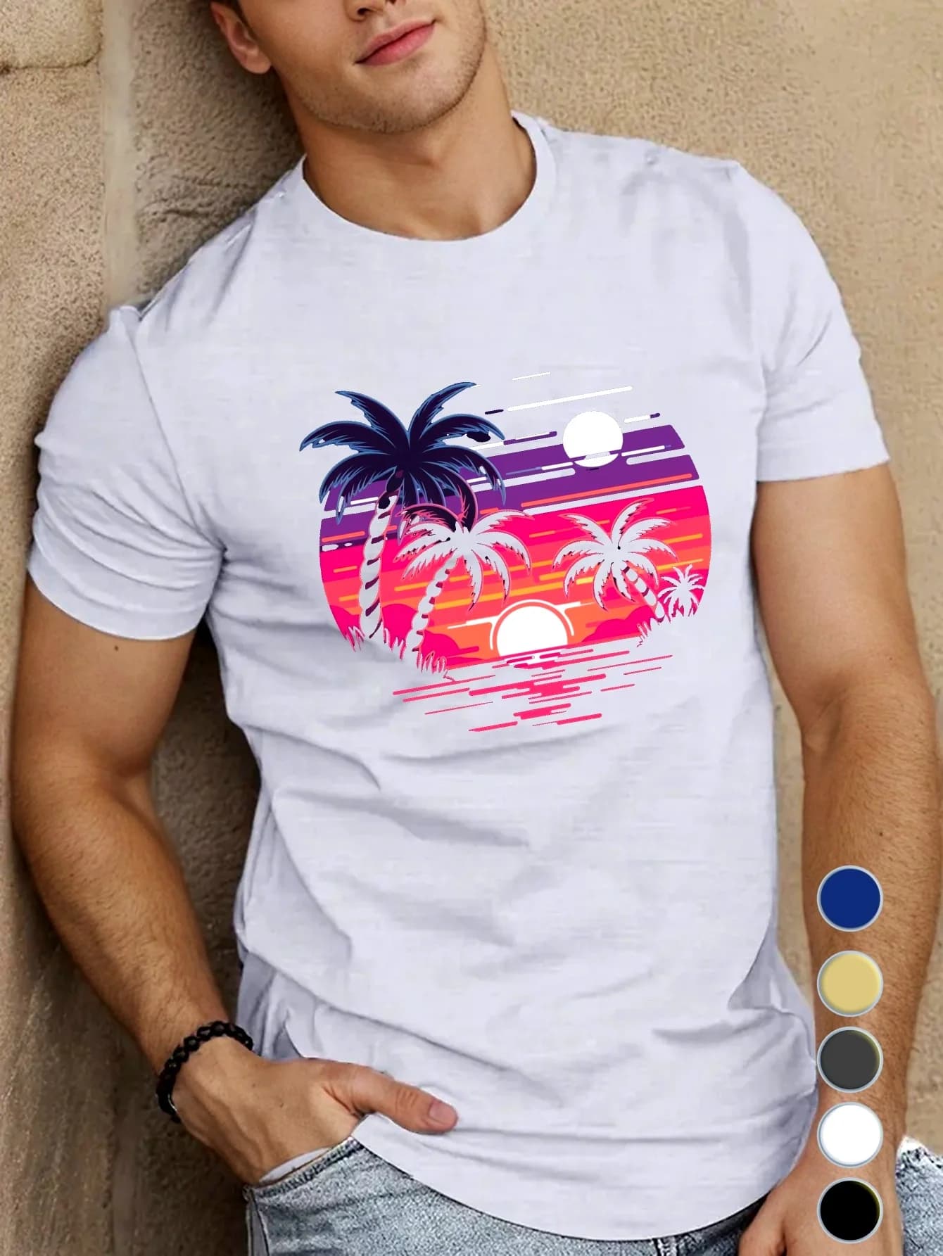 [Regular Fit Graphic T-Shirt] Men's Polyester Geometric-Pattern Tropical Sunset and Palm Trees Graphic T-Shirt - Crew Neck, Regular Fit, Knit Fabric Casual Summer Top